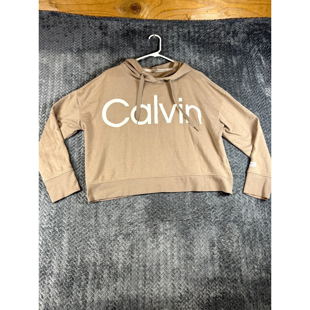 Calvin Klein Performance Cropped Hoodie Womens XL Beige Cotton Graphic Logo